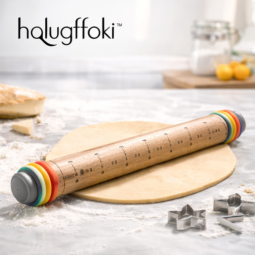 halugffoki™ Adjustable Wooden Rolling Pin with Thickness Rings